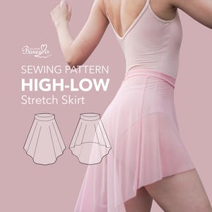 Könnte beinhalten: Ein Schnittmuster für einen elastischen Vokuhila-Rock aus hellrosa, transparentem Stoff. Das Bild zeigt den Text Borealis Tutu Studio SEWING PATTERN HIGH-LOW Stretch Skirt sowie zwei schwarz-weiße Strichzeichnungen des Rockdesigns.