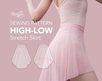 May include: A sewing pattern for a high-low stretch skirt featuring a light pink sheer fabric. The image displays the text Borealis Tutu Studio SEWING PATTERN HIGH-LOW Stretch Skirt alongside two black and white line art illustrations of the skirt design.