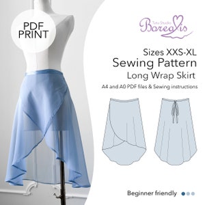 May include: A sewing pattern for a long wrap skirt in sizes XXS-XL. The pattern includes A4 and A0 PDF files and sewing instructions. The pattern is beginner friendly.