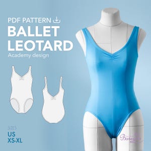 May include: PDF pattern for a ballet leotard with a V-neck and a gathered detail at the bust. The pattern is available in sizes XS-XL. The image also shows a blue leotard on a mannequin.