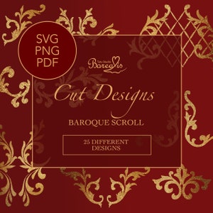 May include: A digital download of 25 different baroque scroll cut designs. The designs are in gold on a red background. The text "SVG PNG PDF" is in a white circle on the left side of the image. The text "Cut Designs" is in a large, cursive font. The text "Baroque Scroll" is in a smaller, sans-serif font. The text "25 Different Designs" is in a smaller, sans-serif font.