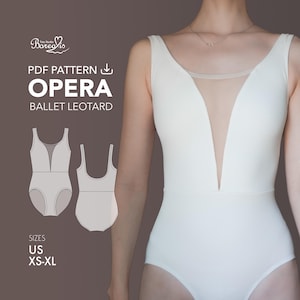 May include: White ballet leotard with a sheer mesh neckline. The image includes a PDF pattern graphic with the text "OPERA BALLET LEOTARD" and size range "US XS-XL". The leotard has a deep V-neckline and a scoop back.