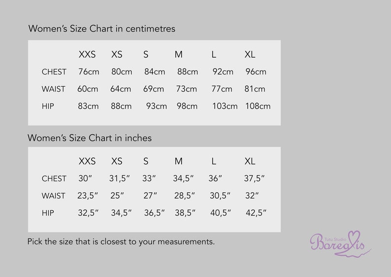 Op de afbeelding: Een maattabel voor dameskleding in zowel inches als centimeters. De tabel toont de maten voor borst, taille en heup in de maten XXS, XS, S, M, L en XL.