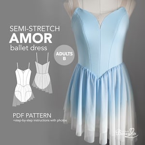 May include: A pale blue ballet dress with a sweetheart neckline and a layered skirt. The dress is displayed on a mannequin. Text on the image reads "SEMI-STRETCH AMOR ballet dress" and "PDF PATTERN +step-by-step instructions with photos."