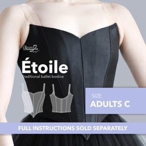 Könnte beinhalten: Ein schwarzes Ballett-Oberteil mit herzförmigem Ausschnitt und dünnen Trägern. Der Text lautet: Borealis Tutu Studio, Étoile, Traditional ballet bodice, SIZE ADULTS C, FULL INSTRUCTIONS SOLD SEPARATELY. Enthält eine weiße Strichzeichnung.