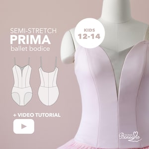 May include: A light pink semi-stretch Prima ballet bodice for kids aged 12-14. The bodice has a deep V-neckline and spaghetti straps. The image also includes line drawings of the bodice and the text "+ VIDEO TUTORIAL".