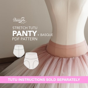 Könnte beinhalten: Ein Ballett-Tutu mit rosa Bund und einem geschichteten, durchsichtigen Rock. Das Bild enthält ein PDF-Muster für einen Stretch-Tutu-Panty und eine Baskenmütze. Der Text auf dem Bild lautet "Tutu-Anleitungen separat erhältlich."