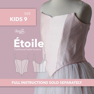 Może przedstawiać: Jasnoróżowy gorset baletowy na manekinie, z dekoltem w kształcie serca i strukturalnymi panelami. Tekst na obrazie: SIZE KIDS 9, Borealis, Étoile Traditional ballet bodice oraz FULL INSTRUCTIONS SOLD SEPARATELY. Zawiera rysunek liniowy.