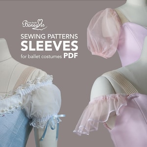 May include: Image shows ballet costume sleeves in different designs. Text reads "SEWING PATTERNS SLEEVES for ballet costumes PDF". Sleeves are displayed in light blue, pink, and white, with details such as ruffles, bows, and pearl accents.
