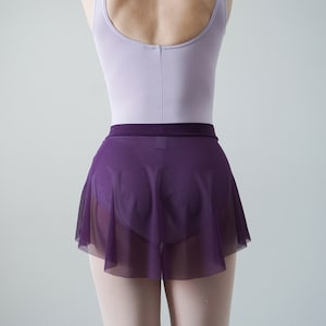 Op de afbeelding: Een paarse mesh dansschoen met daaronder een lavendelkleurig maillot. De rok is geplooid bij de taille en heeft een gerimpelde zoom.