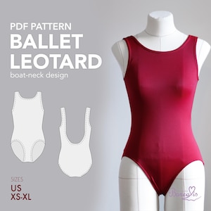 May include: A burgundy ballet leotard with a boat-neck design is displayed on a mannequin. The image includes a PDF pattern graphic and the text "BALLET LEOTARD" and "boat-neck design". Sizes US XS-XL are listed.