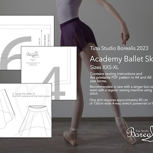 Op de afbeelding: Een zwart-witte lijntekening van een balletrokpatroon. Het patroon bevat instructies voor het naaien van een balletrok in de maten XXS-XL. De tekst "Tutu Studio Borealis 2023" en "Academy Ballet Skirt" is in de afbeelding opgenomen.