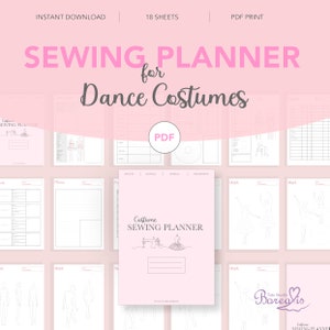 Op de afbeelding: Een printbare PDF-naaiplanner voor danskostuums. De omslag heeft een roze achtergrond met een naaimachine en een tutu. De planner bevat 18 vellen met verschillende sjablonen voor het plannen en schetsen van kostuums.