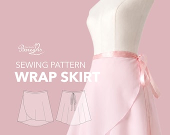 May include: A light pink wrap skirt on a mannequin, featuring a satin ribbon tie at the waist. The image includes the text Borealis, SEWING PATTERN WRAP SKIRT, and ADULTS XXS-XL, alongside two line-art illustrations showing the front and back views.