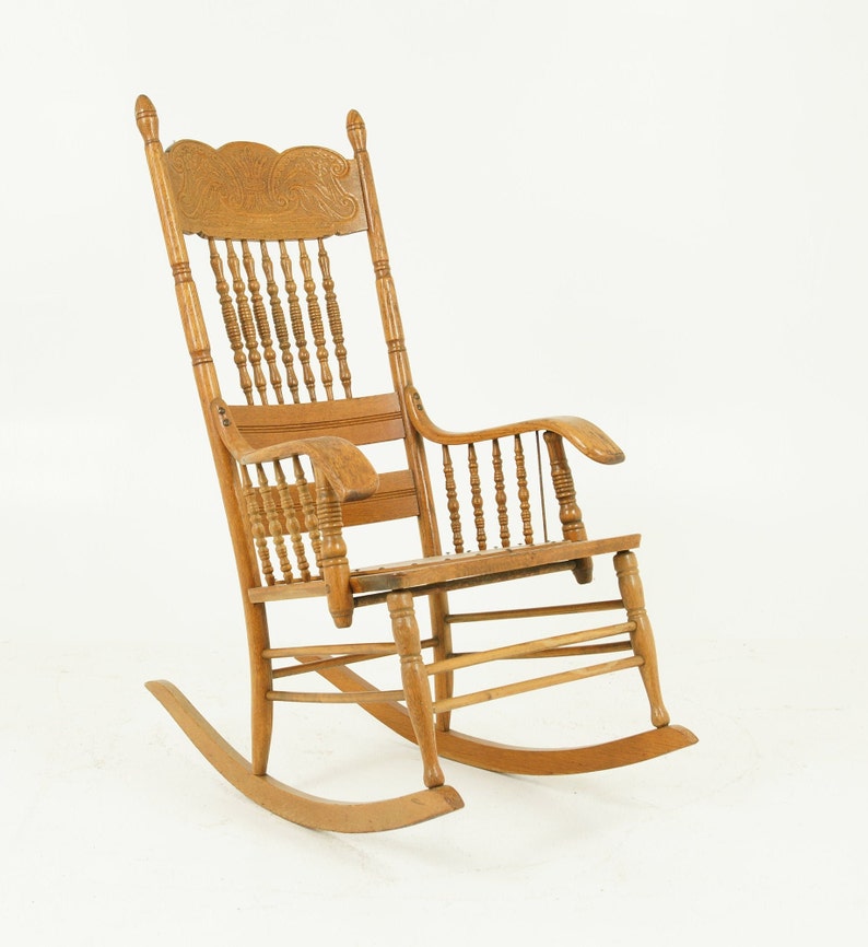 Antique Carved Oak Rocking Chair Spindle Pressed Back | Etsy