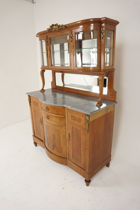 Antique French Marble Top Mirror Back Inlaid Display Cabinet