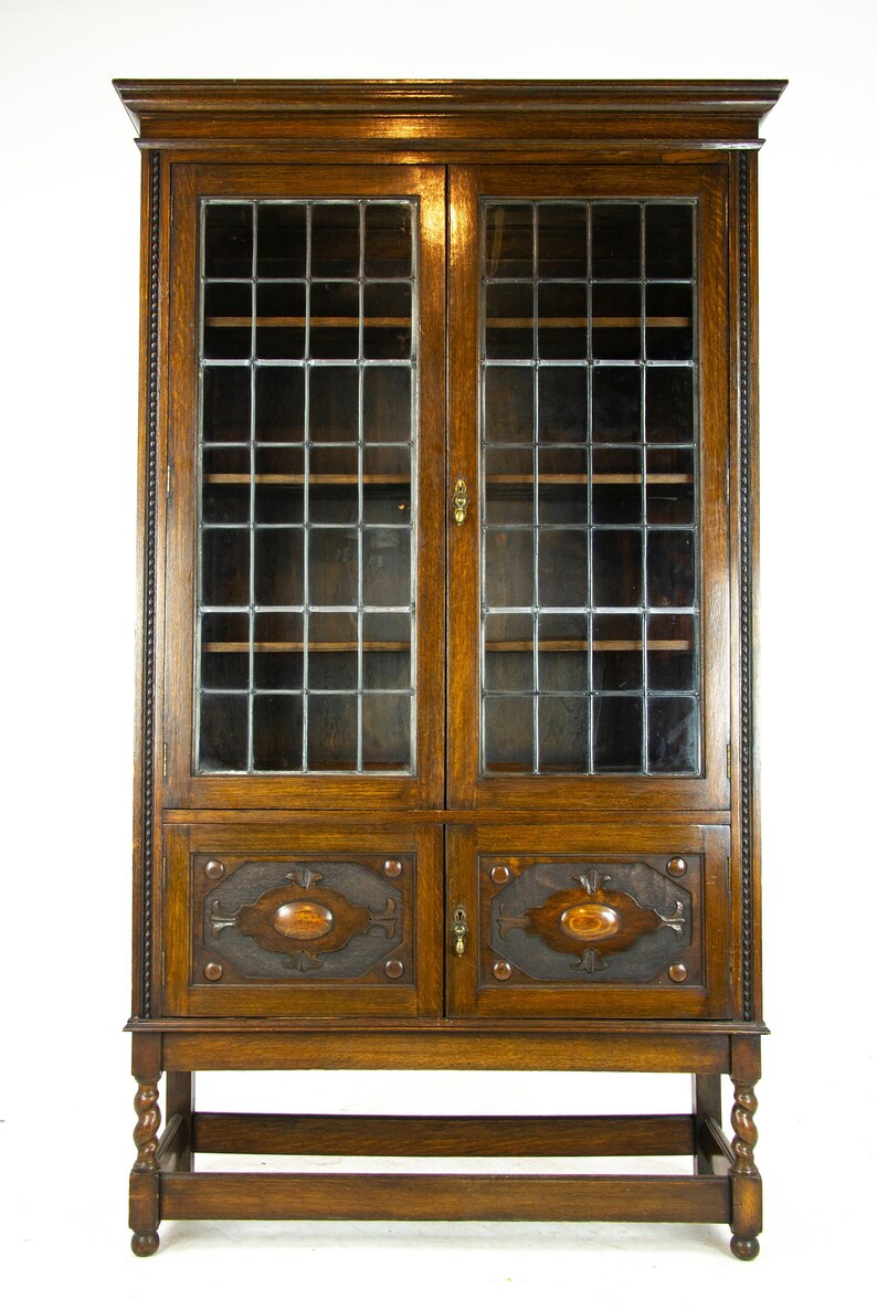 Antique Display Cabinet Four Door Leaded Glass Barley Twist Oak Bookcase Scotland 1910 Furniture B1405