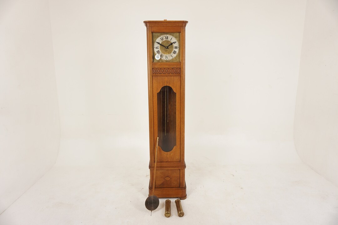 Vintage Art Deco Oak Grandfather Clock, Long Case Clock, Scotland 1930