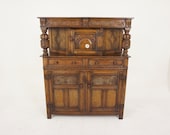 Antique Carved Oak Court Cupboard, Sideboard Buffet and Hutch, Scotland 1920, H727