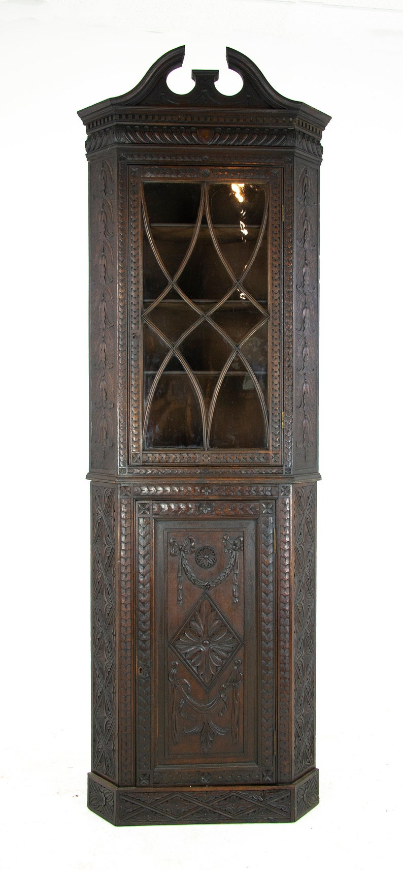 Antique Oak Cabinet Heavily Carved Corner Display Furniture Scotland 1870 B1420