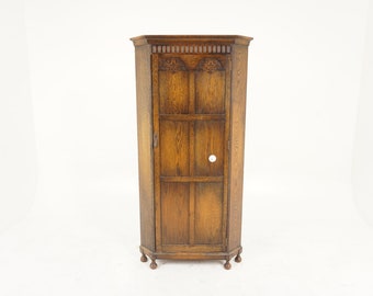 Antique Carved Oak Corner Hall Armoire Wardrobe Closet, Scotland 1910, H1028