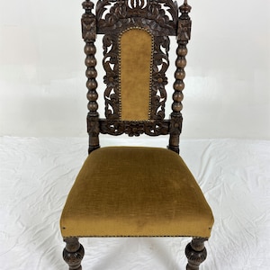 Victorian Carved Oak Jacobean Bobbin Upholstered Nursing Chair, Scotland 1880, H859
