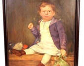 Antique Oil Portrait | Young Child with Rattle | Signed Portrait | B097