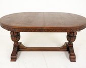 Antique Carved Tiger Oak Oval Writing Table/Desk Bulbous Legs, Scotland 1920, B2051A