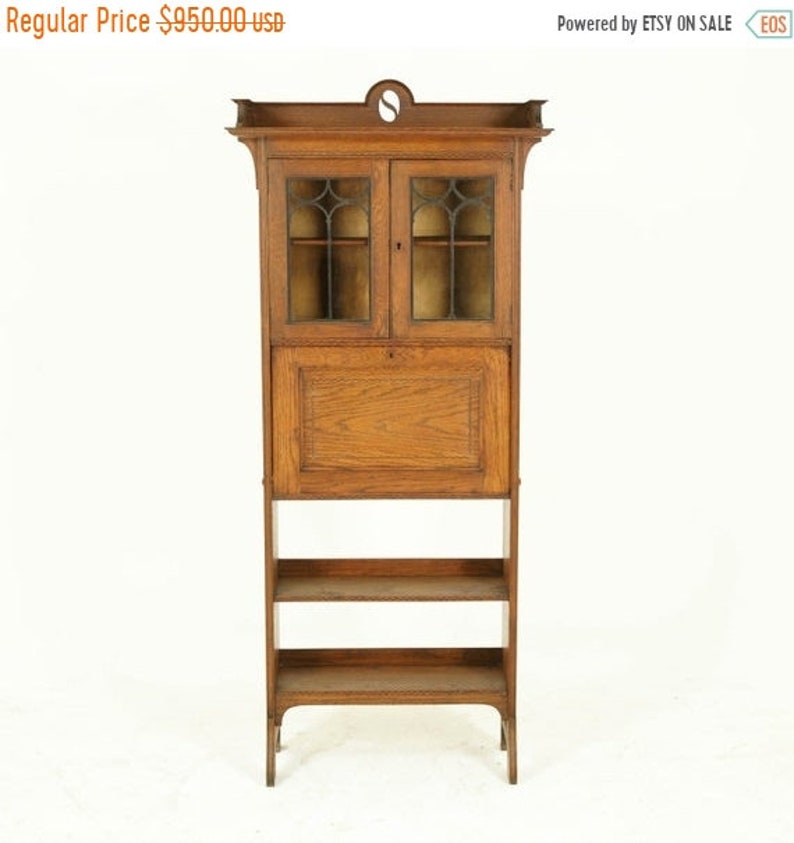 Back To School Antique Drop Front Desk Arts And Crafts Oak Inlaid Secretaire Scotland 1910 Furniture B1555