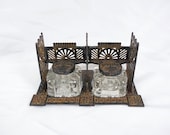 Antique Metal Inkwell, Victorian Double Inkstand, England 1890, H302