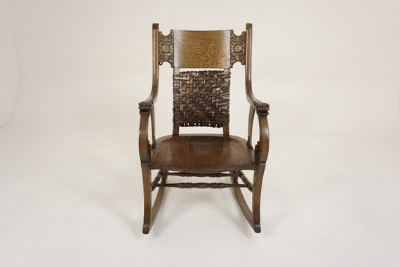 Antique Arts Crafts Carved Tiger Oak Rocking Chair America 1900