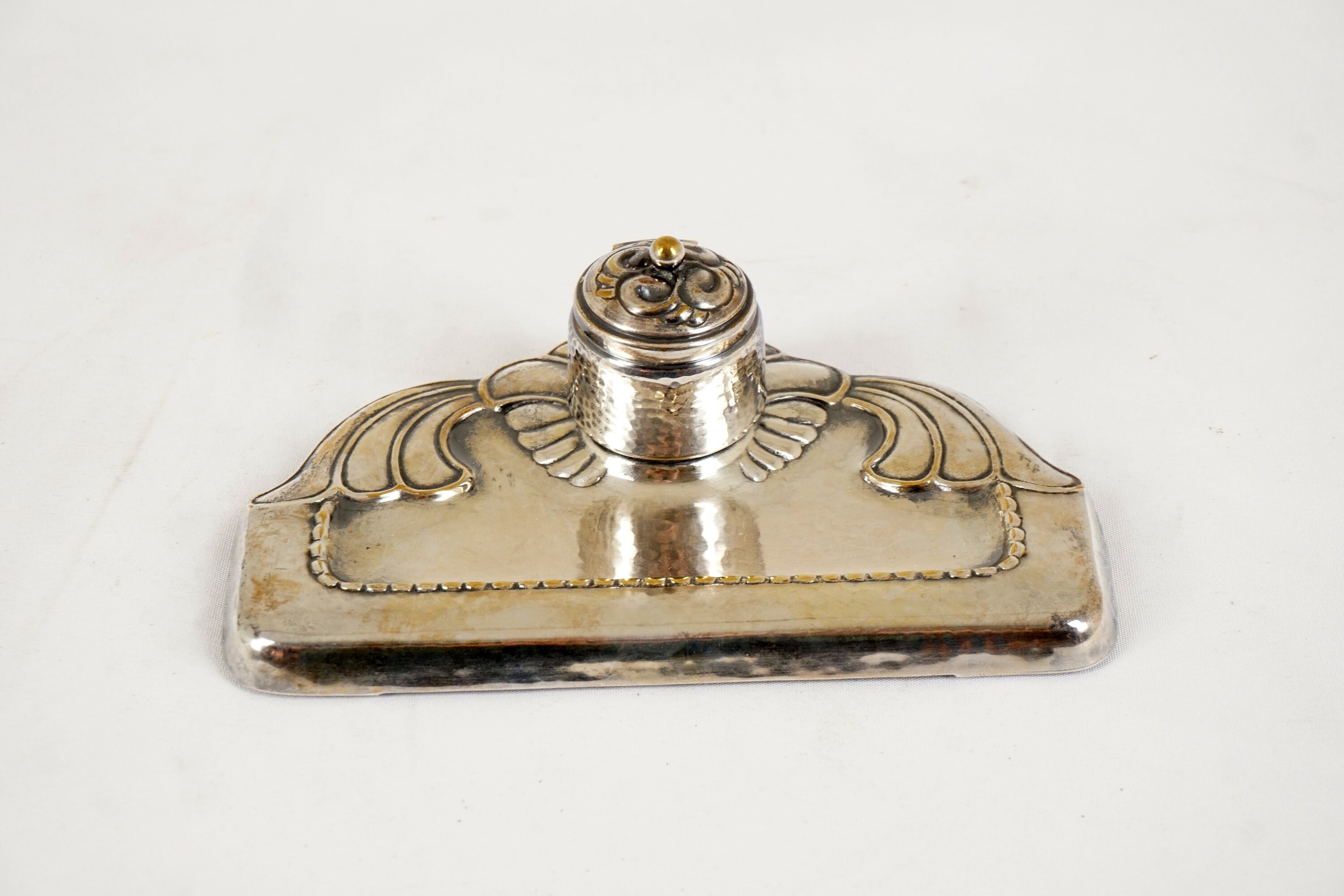 Extra Wide Base Pewter-Plated Inkwell with Quill and Ink Powder- Antique  Vintage Style - Schooner Bay Company