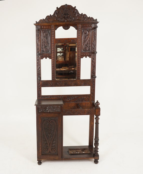 Antique Victorian Hall Stand Carved Oak green Etsy