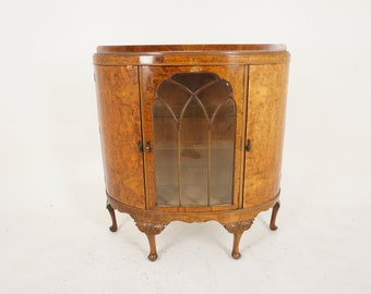 Quality Antique Burr Walnut Demi Lune China Cabinet, Display Cabinet, Scotland 1920, H765