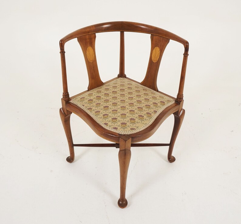 Antique Inlaid Walnut Upholstered Corner Chair Scotland 1910 Etsy