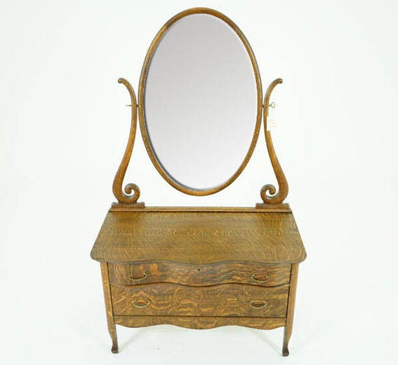 Antique Dresser Vintage Vanity Beveled Mirror Oak Image 0