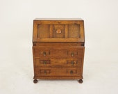 Vintage Oak Drop Front Desk, Slant Front Desk Writing Bureau, Scotland 1920, H758