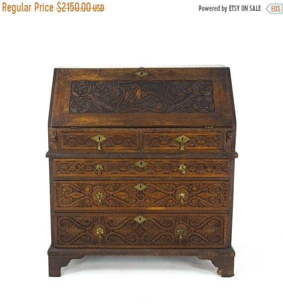 Antique Oak Desk 18th Century Carved Oak Slant Front Bureau Etsy