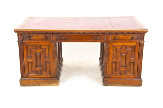 Antique Victorian Desk Large Walnut Leather Top Pedestal Etsy