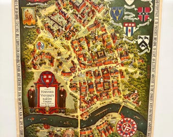 Mapa ilustrado de la Universidad de Harvard de 1935. Litografía de Edwin Schruers. Ilustración vintage de Cambridge, Massachusetts.