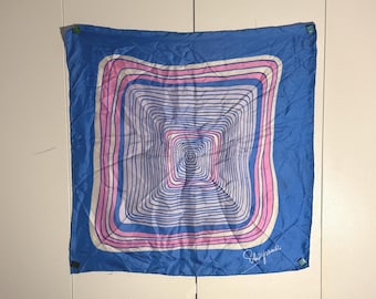Bufanda vintage de ELSA SCHIAPARELLI — Espiral cuadrada concéntrica de estilo Op Art — Azul real y rosa — Firmada