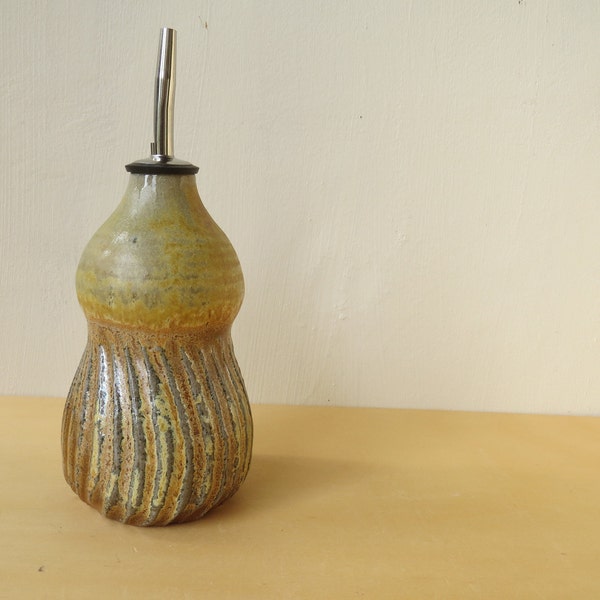 Oil/vinegar dispenser, ceramic olive oil bottle, wood and soda fired pottery