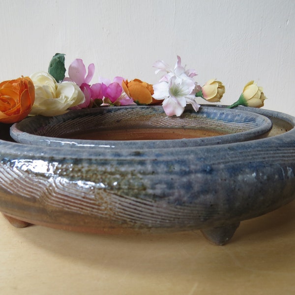 Ceramic Pansy Ring, 8.25 inch Low Profile Centerpiece Ikebana Vase, wood and soda fired