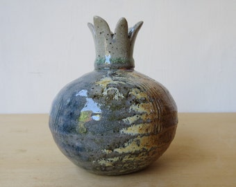 Art Ceramic Havdalah Spice Box Besamim Holder,  pottery pomegranate candlestick holder, wood and soda fired
