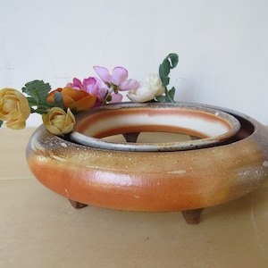 Ceramic Pansy Ring, 7.5 inch across, Table Centerpiece, wood and soda fired