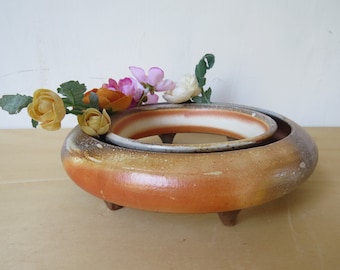 Ceramic Pansy Ring, 7.5 inch across, Table Centerpiece, wood and soda fired