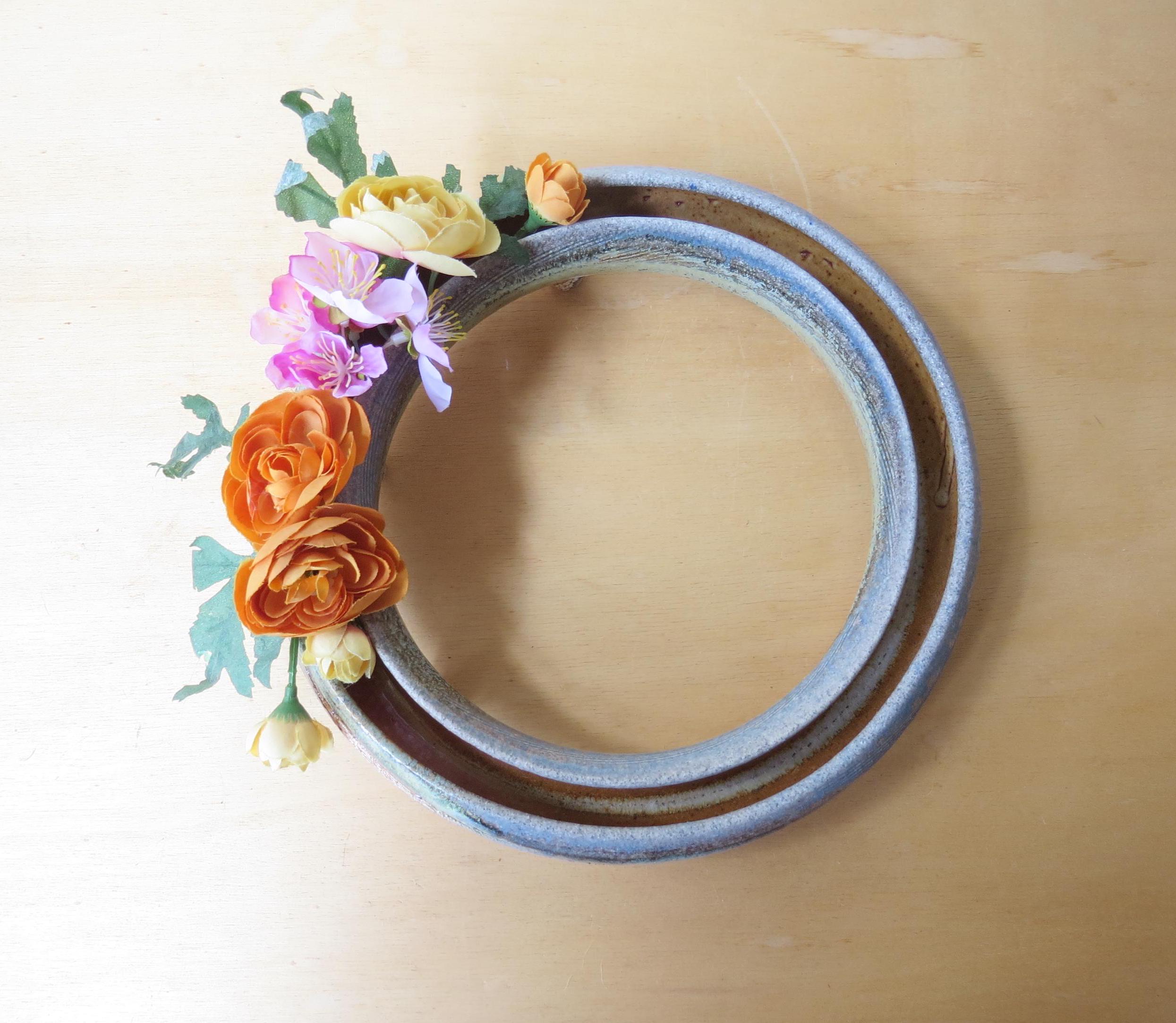 Low Profile Centerpiece, Ceramic Plumeria Pansy Ring Vase, pottery wood and  soda fired ikebana