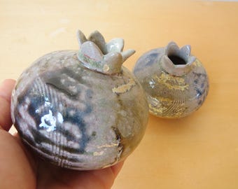 Pair of Ceramic Pomegranates, Candle holders,  wood and soda fired