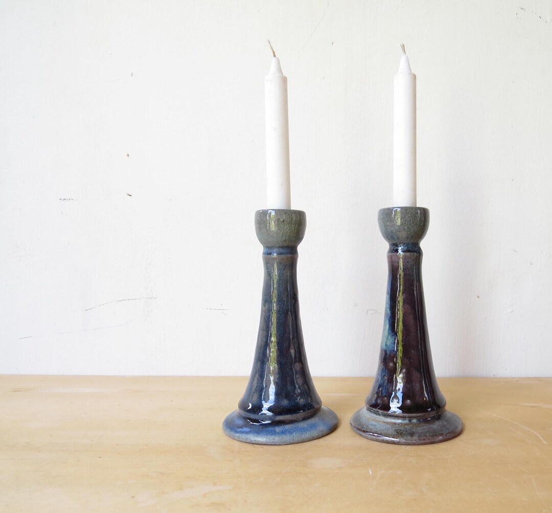 Blue Ceramic Candlesticks// 6 Inch // Wood and Soda Fired - Etsy