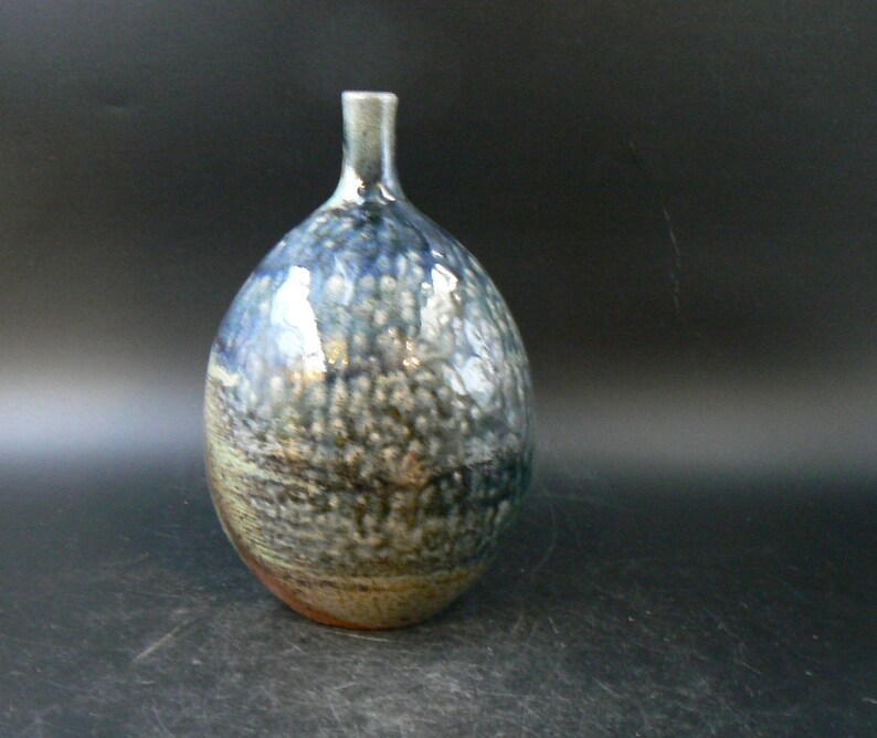 ceramic blue bottle vase, 8 inch wood and soda fired ceramic blue bottle vase, 8 inch wood and soda fired